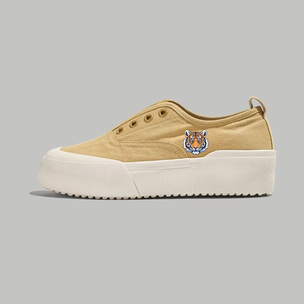Beige Slip-On Platform Sneakers with Embroidered Tiger Patch