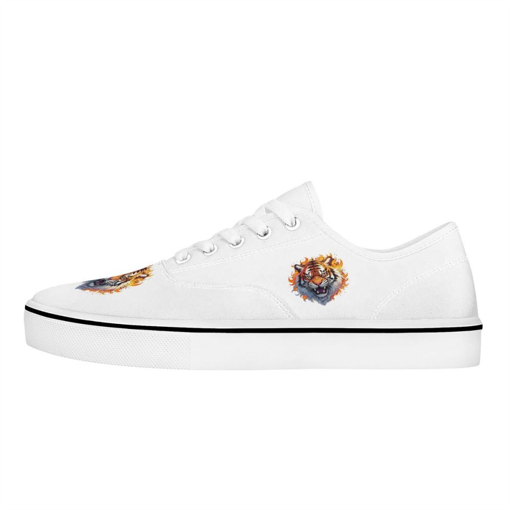 White Canvas Sneakers with Flame-Accented Tiger Embroidery